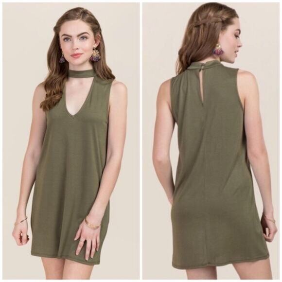 NWT Francesca’s Consuela Mini Dress Womens S Olive Green Choker Shift Minimalist - Picture 1 of 5
